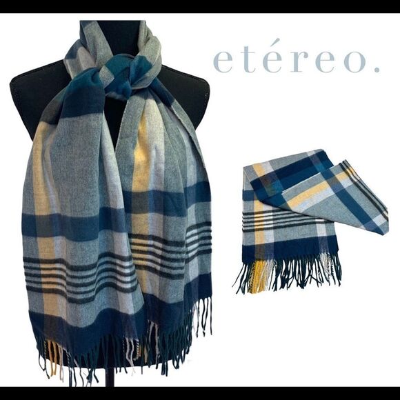 Etereo blue yellow plaid check warm fall winter soft scarf 💥 - Picture 8 of 8